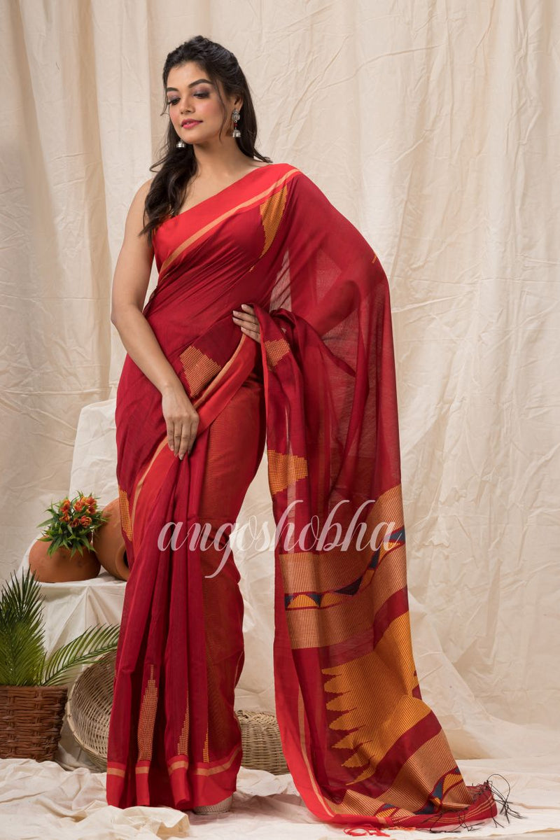 Red Cotton Blend Temple Border Jamdani Saree