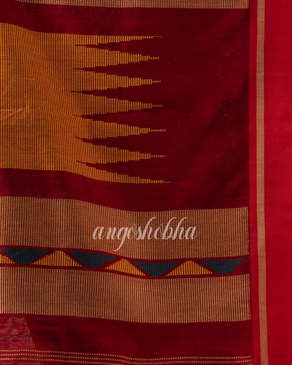 Red Cotton Blend Temple Border Jamdani Saree angoshobha