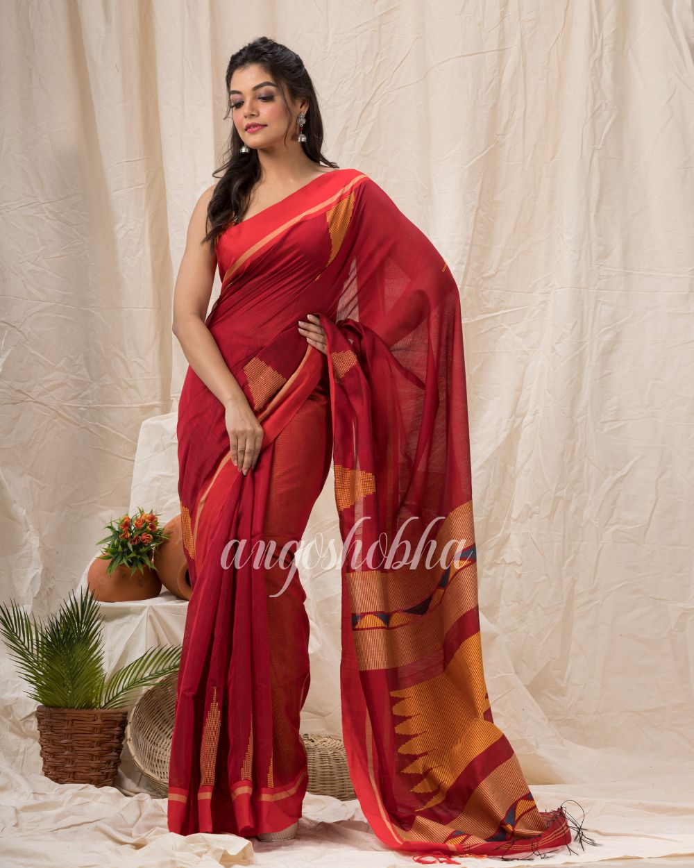 Red Cotton Blend Temple Border Jamdani Saree angoshobha