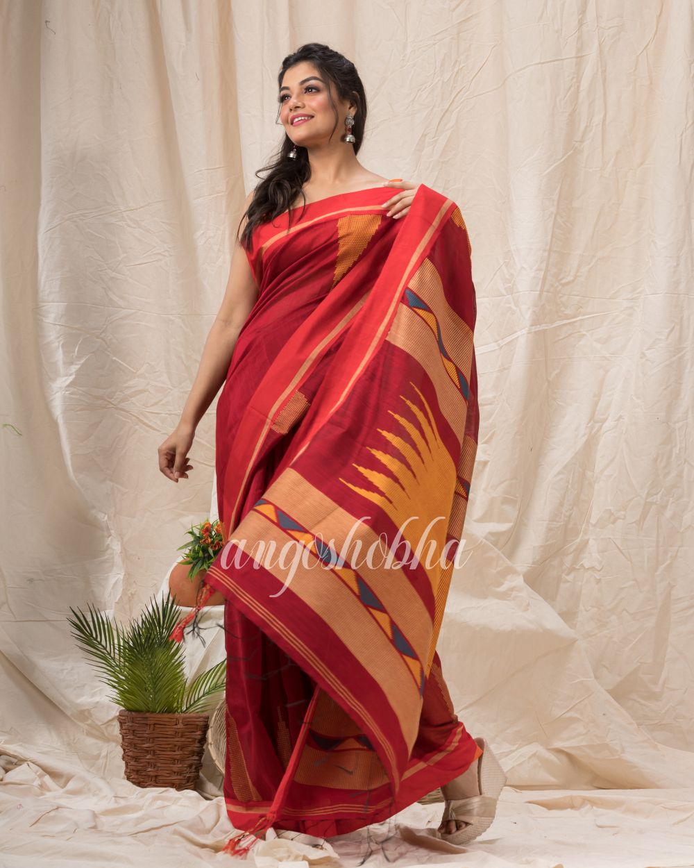 Red Cotton Blend Temple Border Jamdani Saree angoshobha