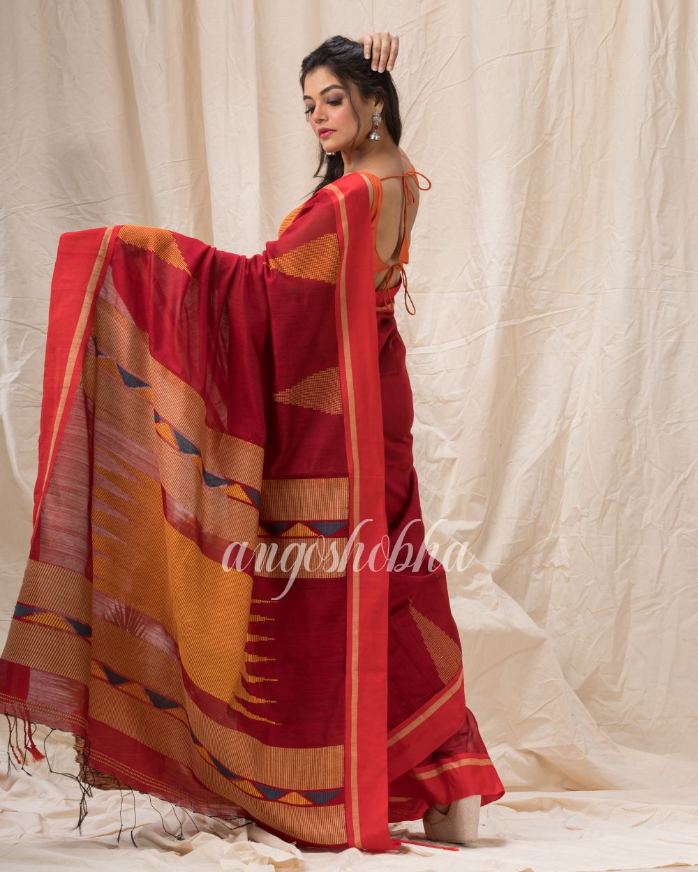 Red Cotton Blend Temple Border Jamdani Saree angoshobha