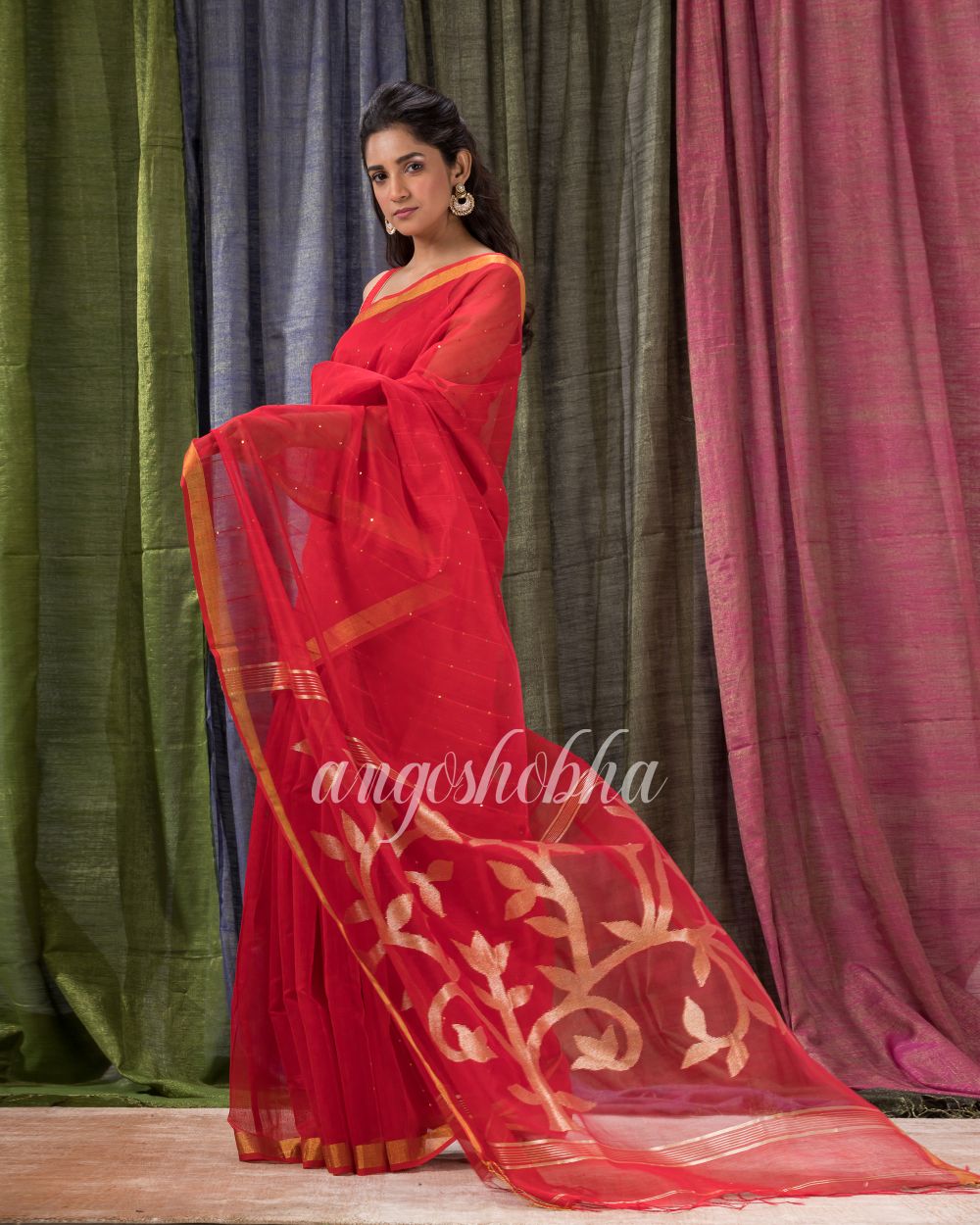 Red Cotton Blend Traditional Sequins Jamdani Saree angoshobha