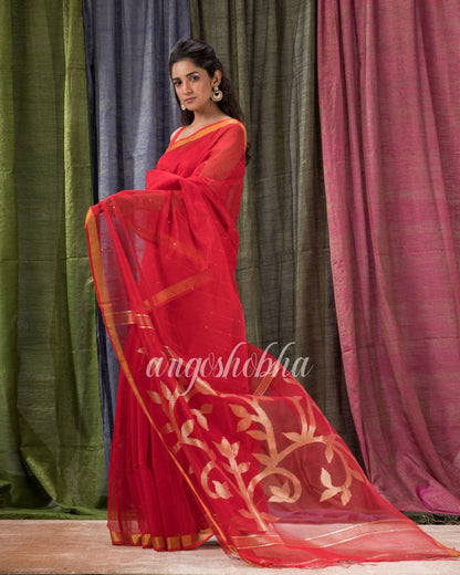 Red Cotton Blend Traditional Sequins Jamdani Saree angoshobha