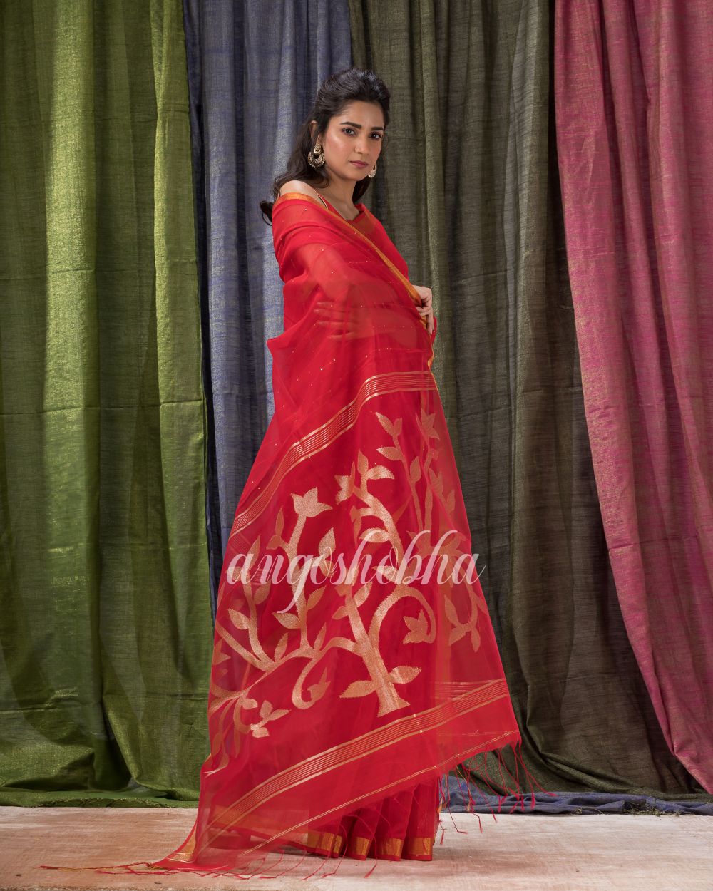 Red Cotton Blend Traditional Sequins Jamdani Saree angoshobha