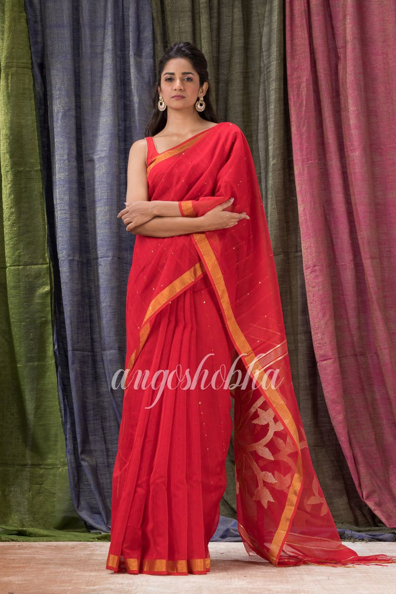 Red Cotton Blend Traditional Sequins Jamdani Saree