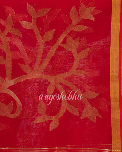 Red Cotton Blend Traditional Sequins Jamdani Saree angoshobha