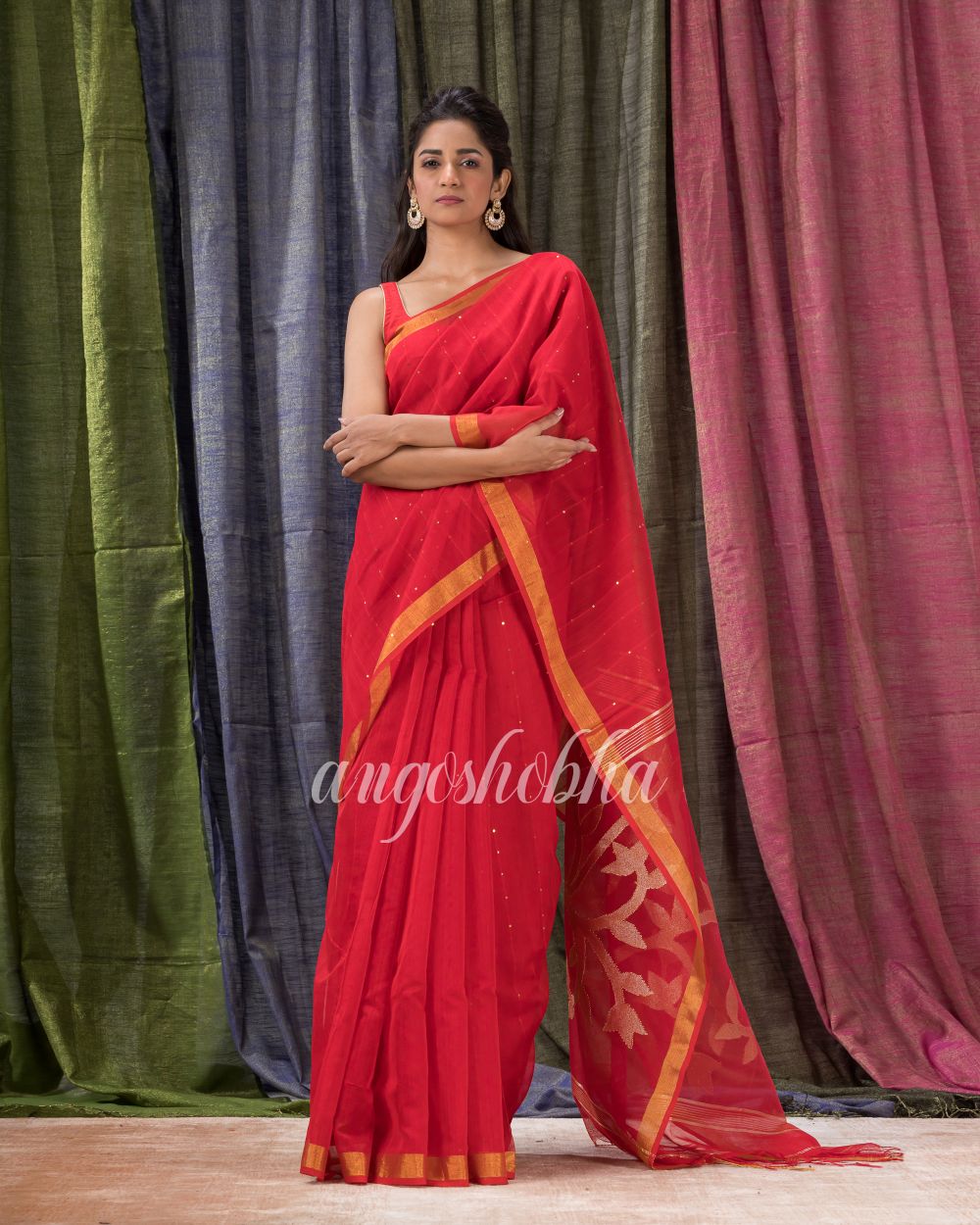 Red Cotton Blend Traditional Sequins Jamdani Saree angoshobha