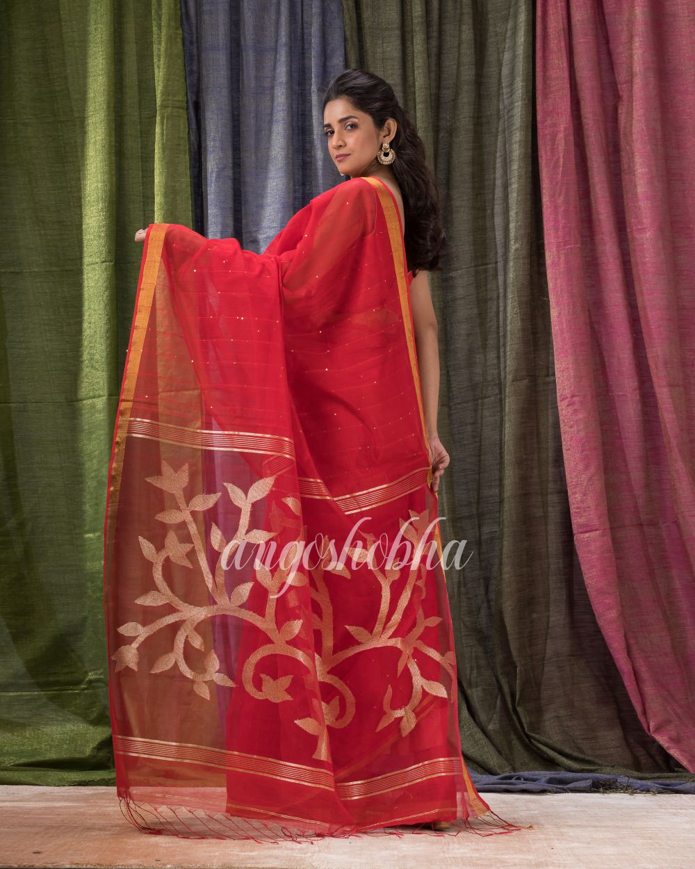 Red Cotton Blend Traditional Sequins Jamdani Saree angoshobha