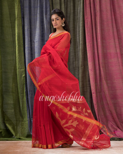 Red Cotton Blend Traditional Sequins Jamdani Saree angoshobha