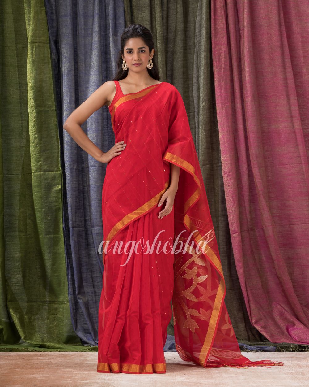 Red Cotton Blend Traditional Sequins Jamdani Saree angoshobha