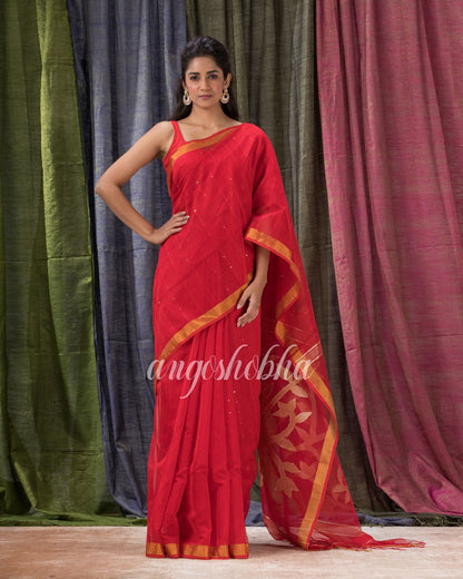 Red Cotton Blend Traditional Sequins Jamdani Saree angoshobha