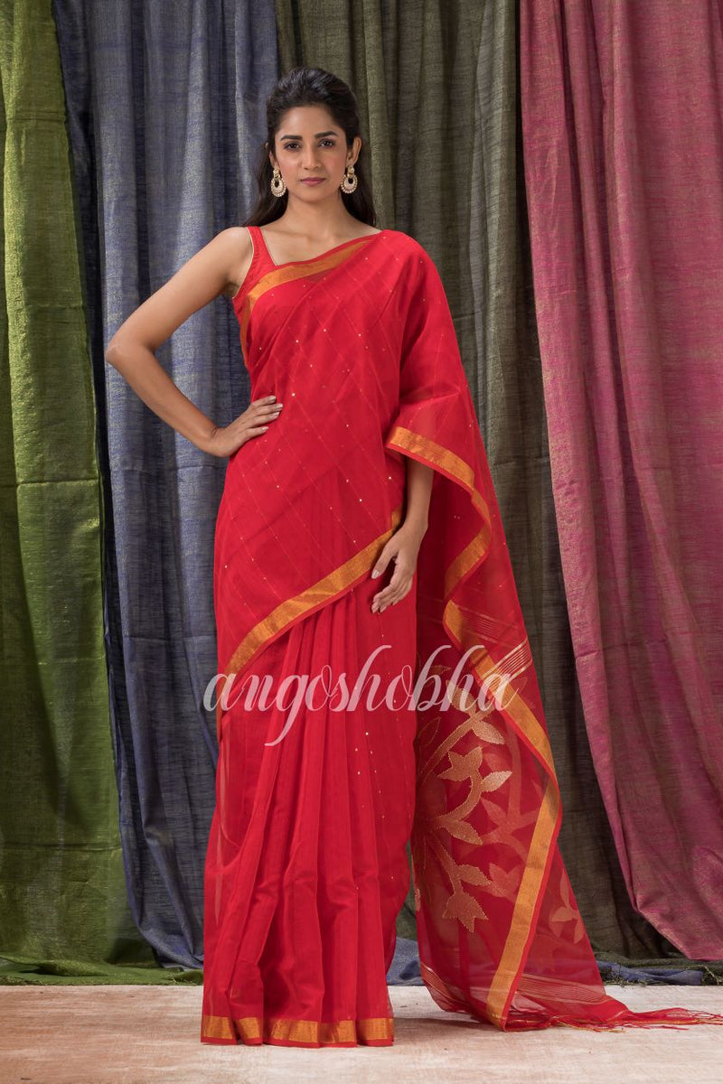 Red Cotton Blend Traditional Sequins Jamdani Saree