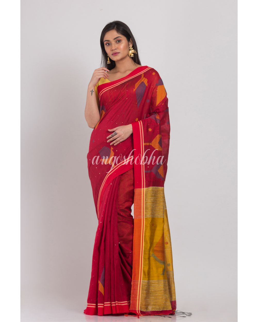 Red Cotton Silk Jamdani Saree angoshobha