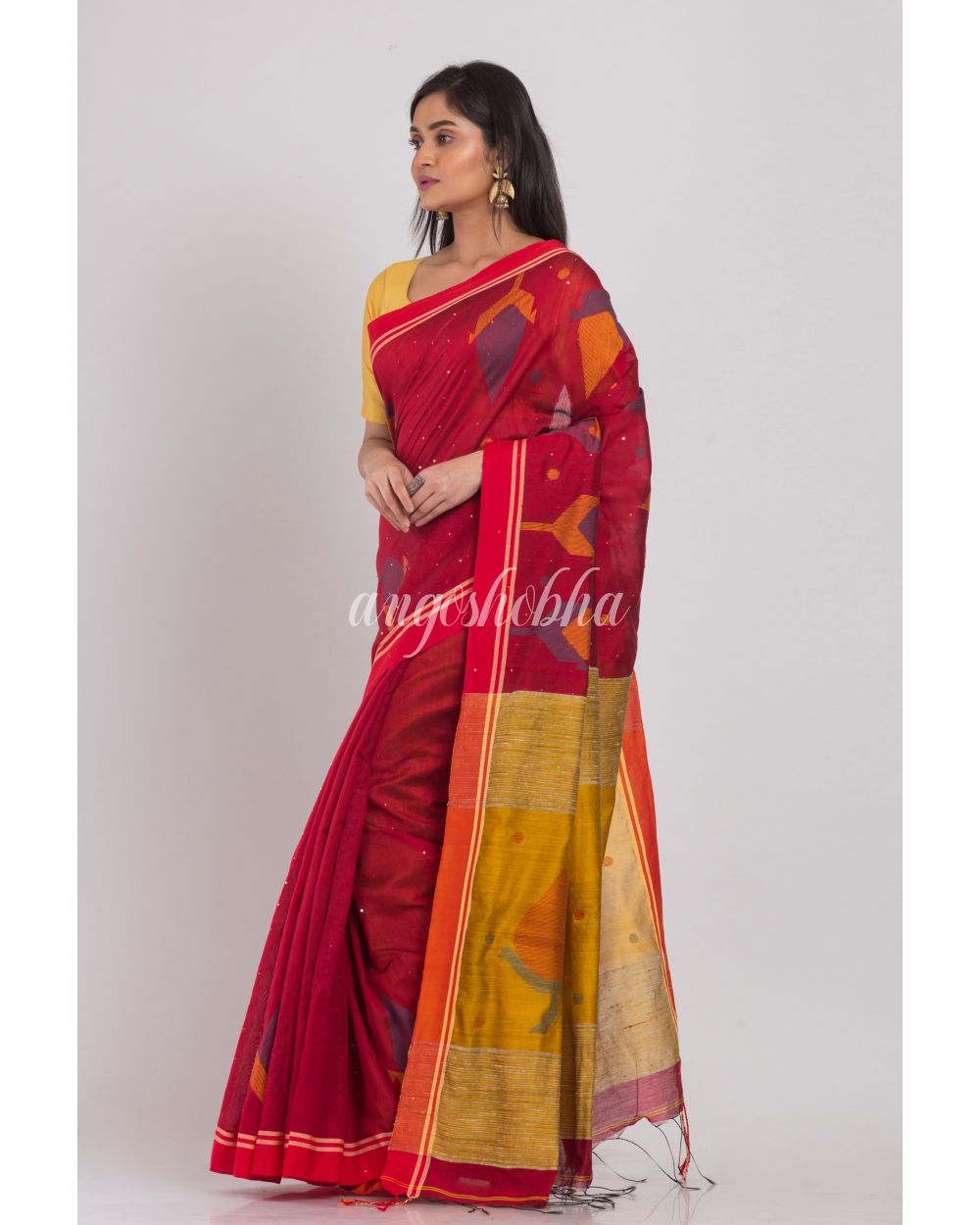 Red Cotton Silk Jamdani Saree angoshobha