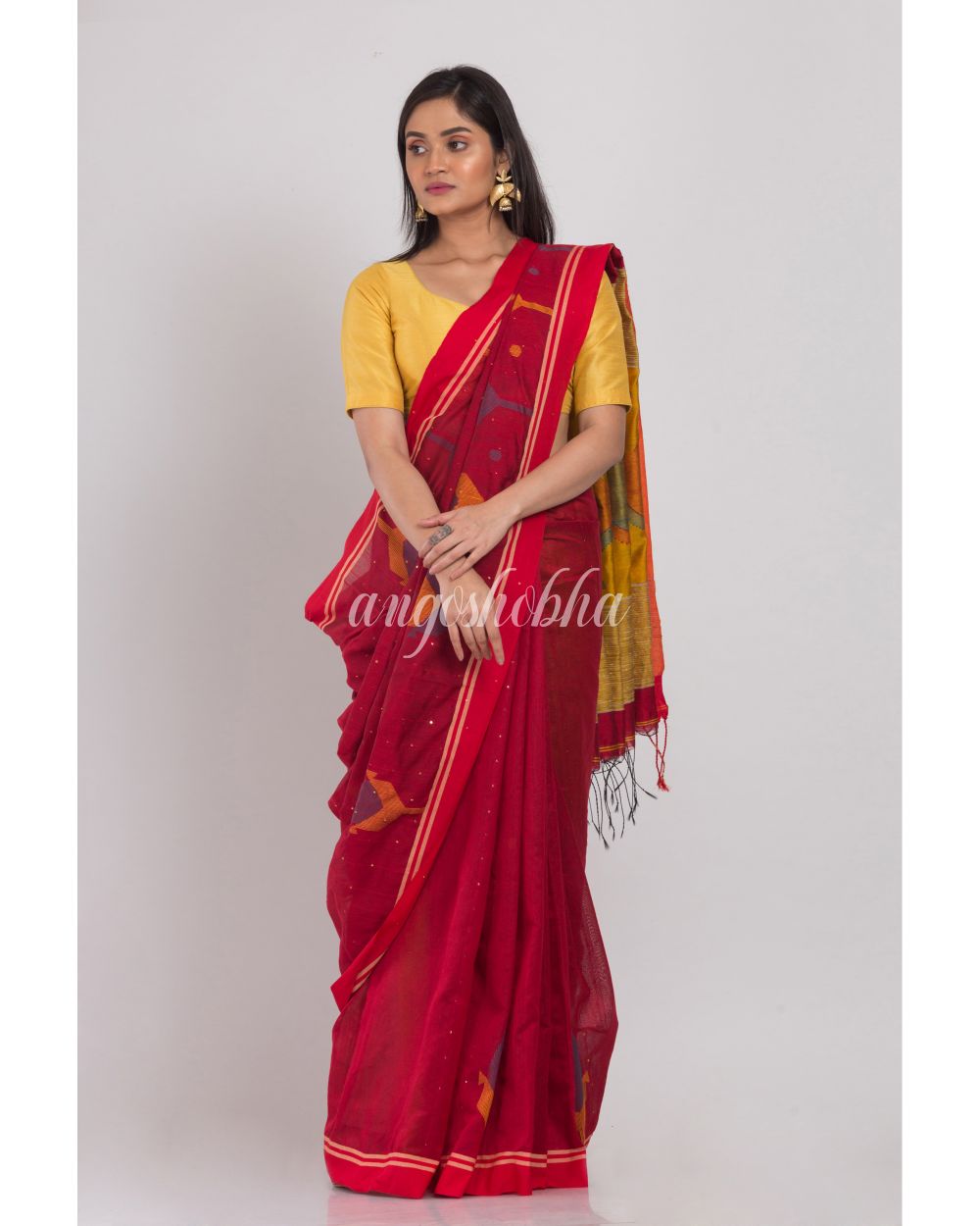 Red Cotton Silk Jamdani Saree angoshobha