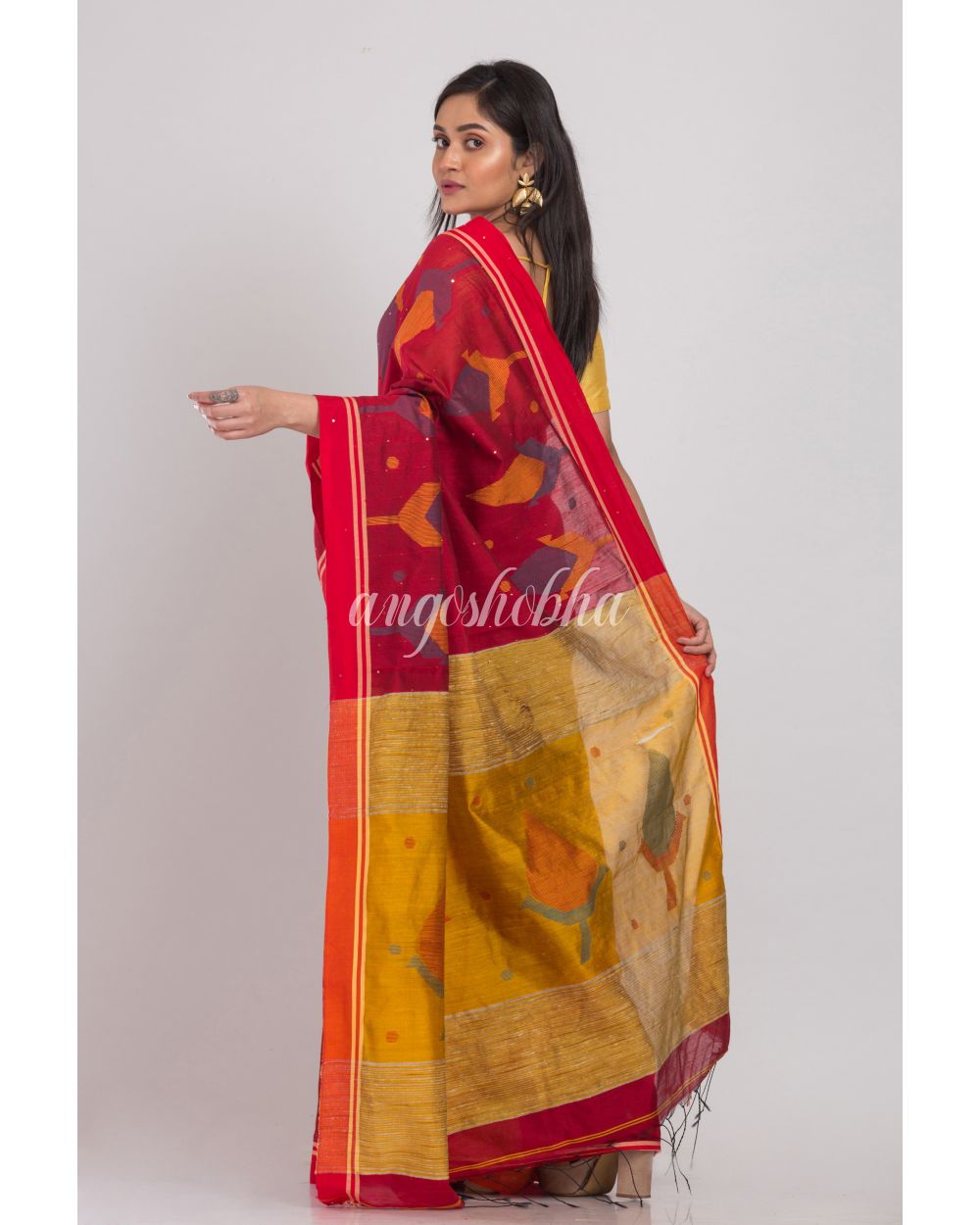 Red Cotton Silk Jamdani Saree angoshobha