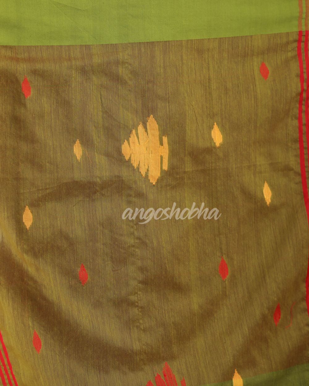 Red Dark Green Cotton Blend Handloom Tie Dye Jamdani Saree angoshobha