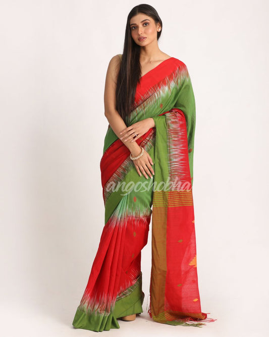 Red Green Cotton Blend Handloom Tie Dye Jamdani Saree angoshobha