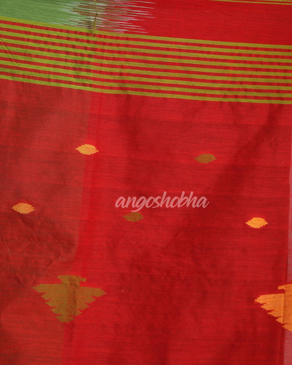 Red Green Cotton Blend Handloom Tie Dye Jamdani Saree angoshobha