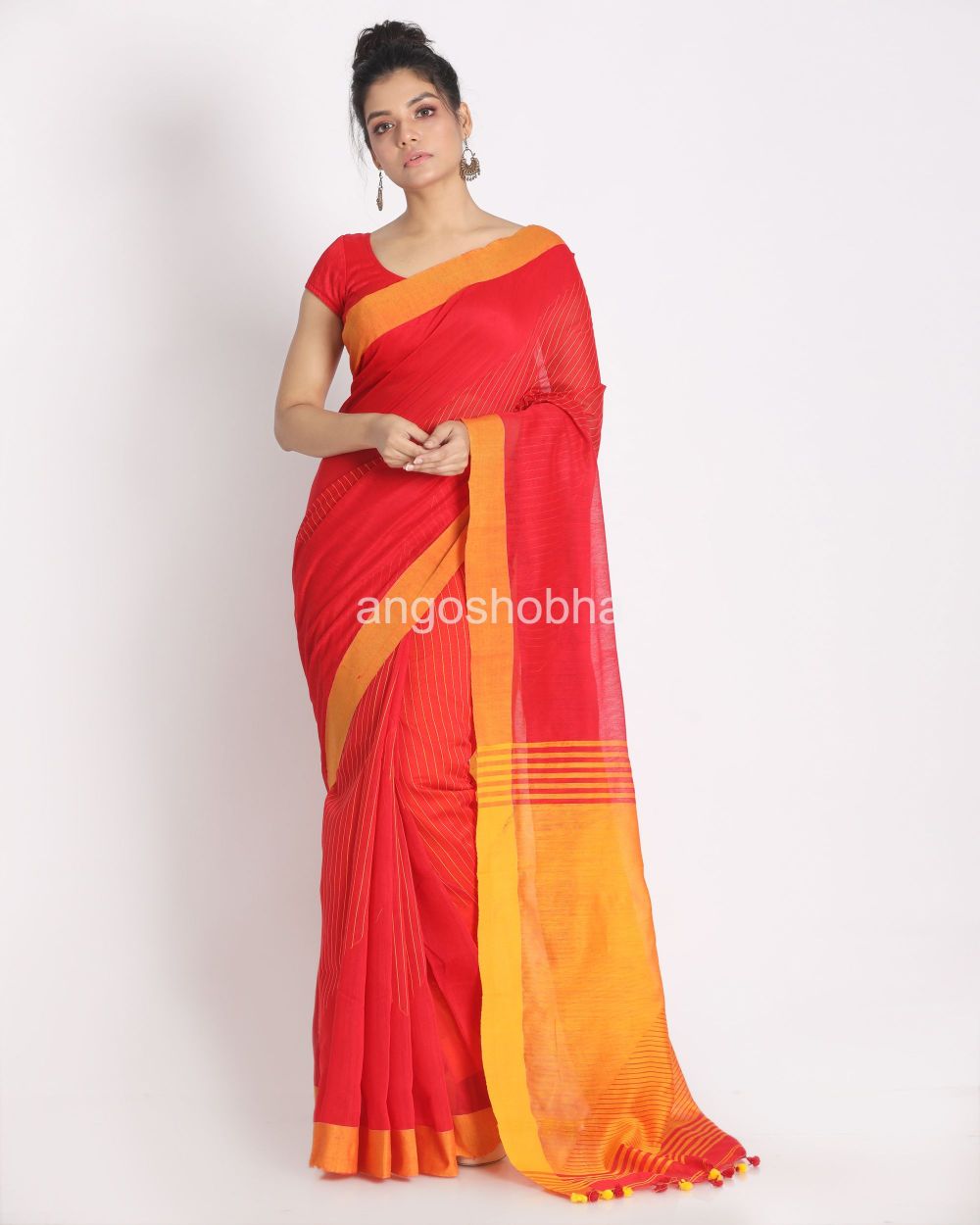 Red Handloom Blended Cotton Saree angoshobha