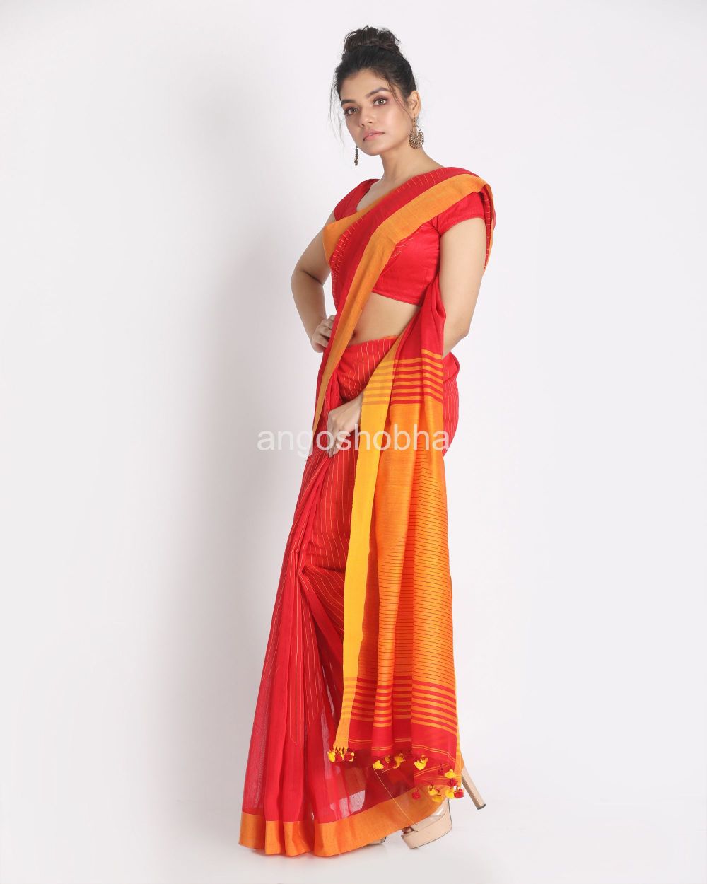 Red Handloom Blended Cotton Saree angoshobha