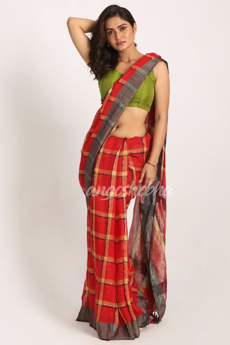 Red Handloom Check Linen Saree