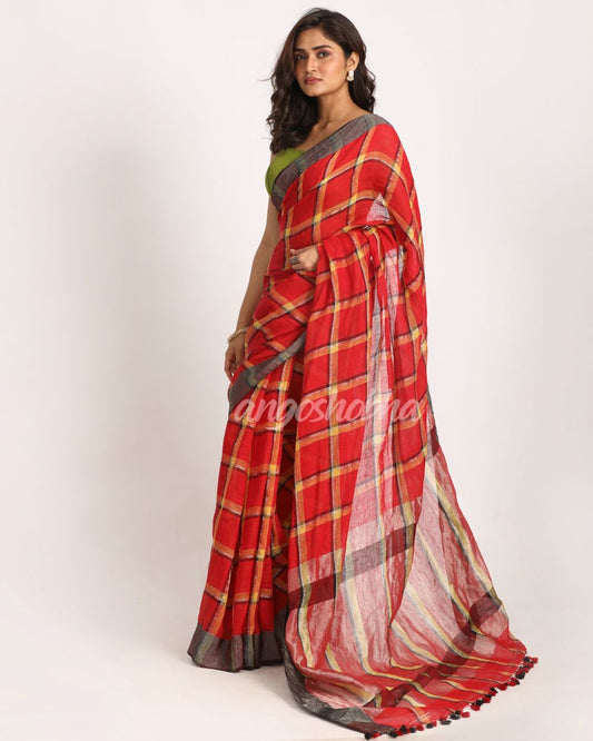 Red Handloom Check Linen Saree angoshobha