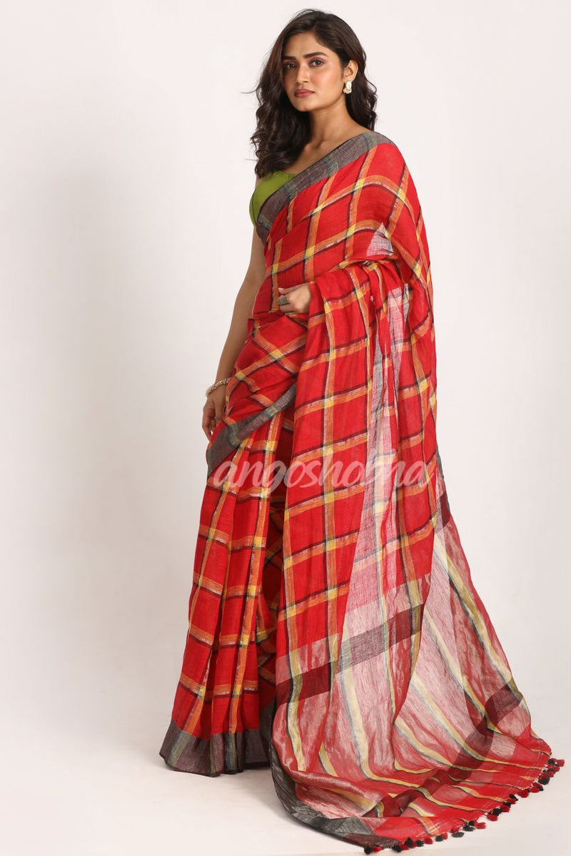 Red Handloom Check Linen Saree