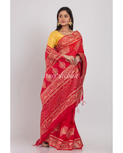 Red Handloom Festive Cotton Silk Saree angoshobha