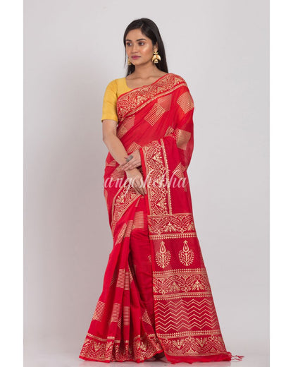 Red Handloom Festive Cotton Silk Saree angoshobha