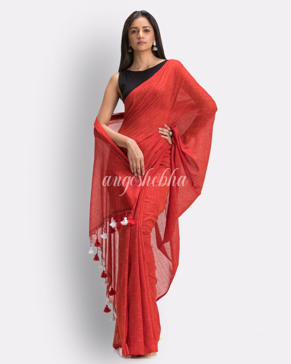 Red Handloom Traditional Molmol Cotton saree angoshobha