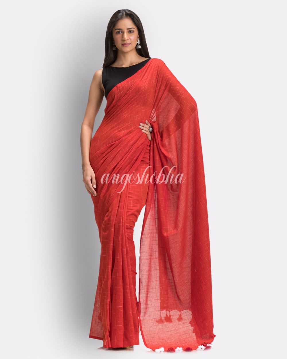 Red Handloom Traditional Molmol Cotton saree angoshobha