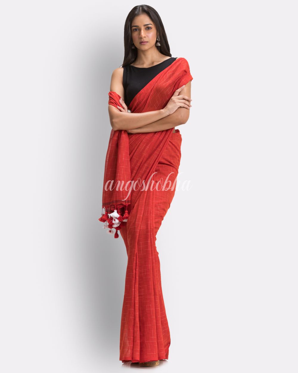 Red Handloom Traditional Molmol Cotton saree angoshobha