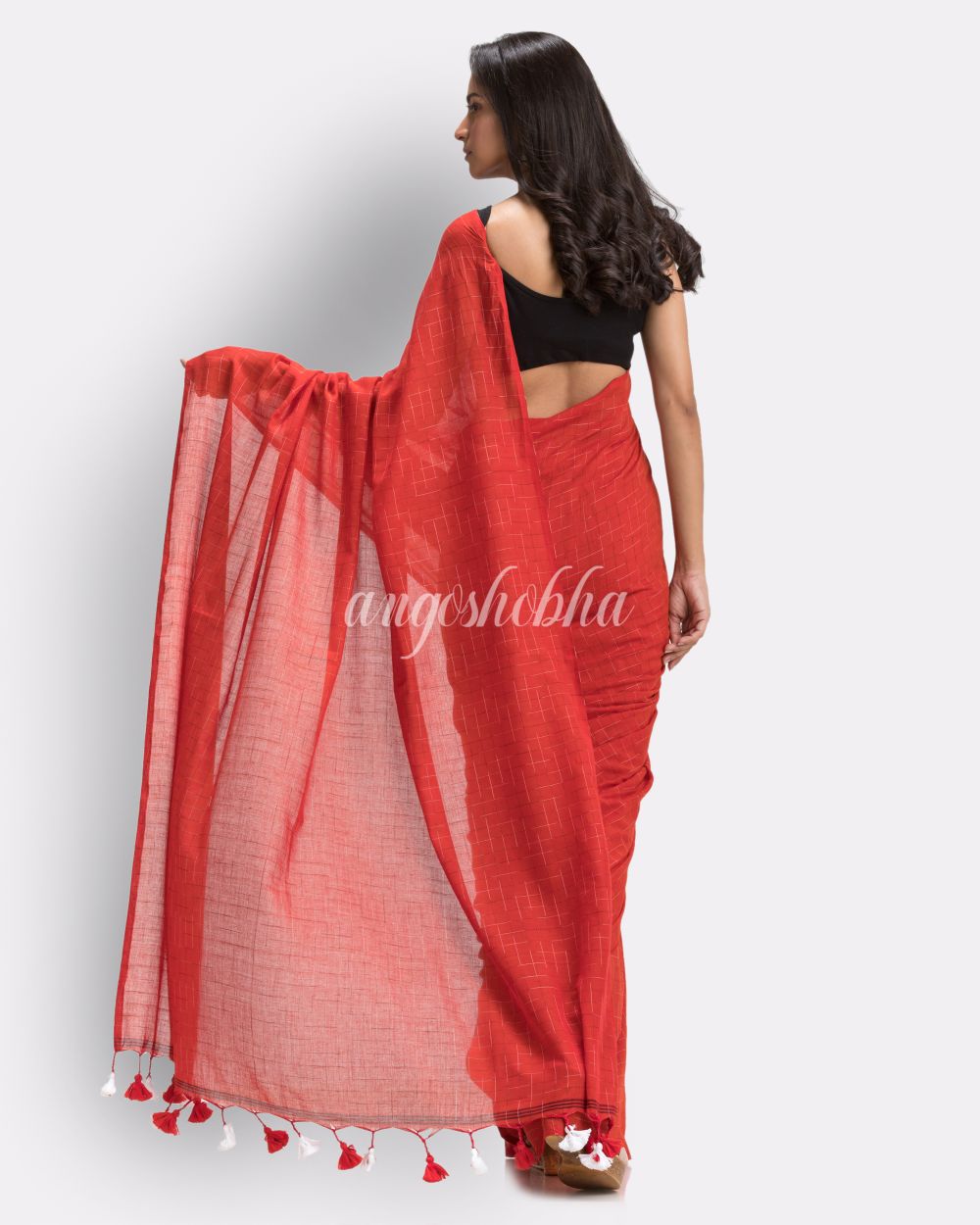 Red Handloom Traditional Molmol Cotton saree angoshobha