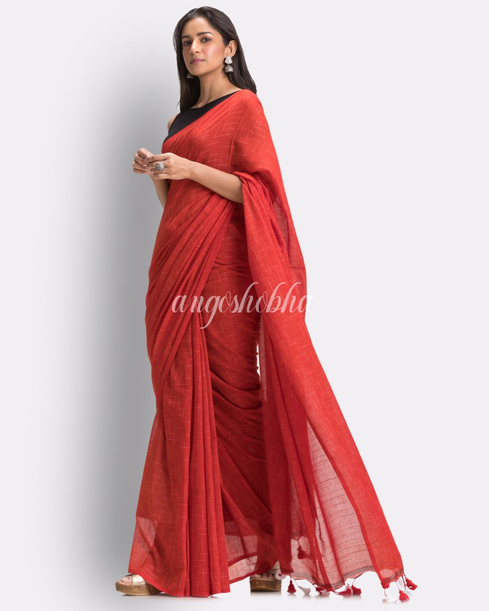 Red Handloom Traditional Molmol Cotton saree angoshobha