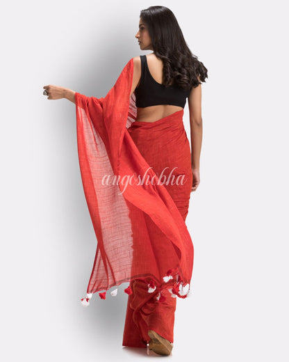 Red Handloom Traditional Molmol Cotton saree angoshobha