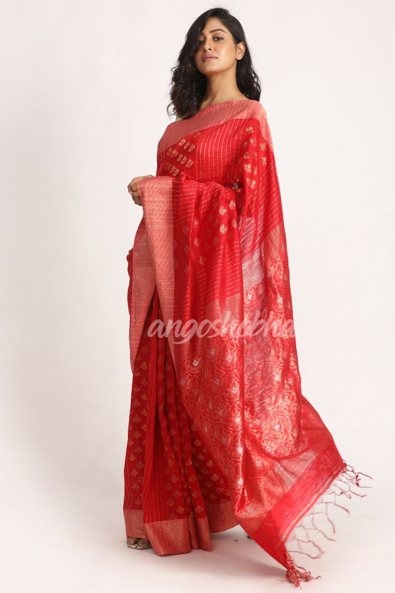 Red Handloom Traditional Tangail Matka Silk Saree