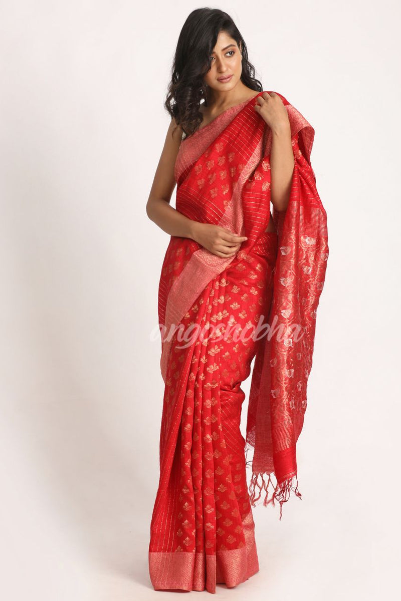 Red Handloom Traditional Tangail Matka Silk Saree