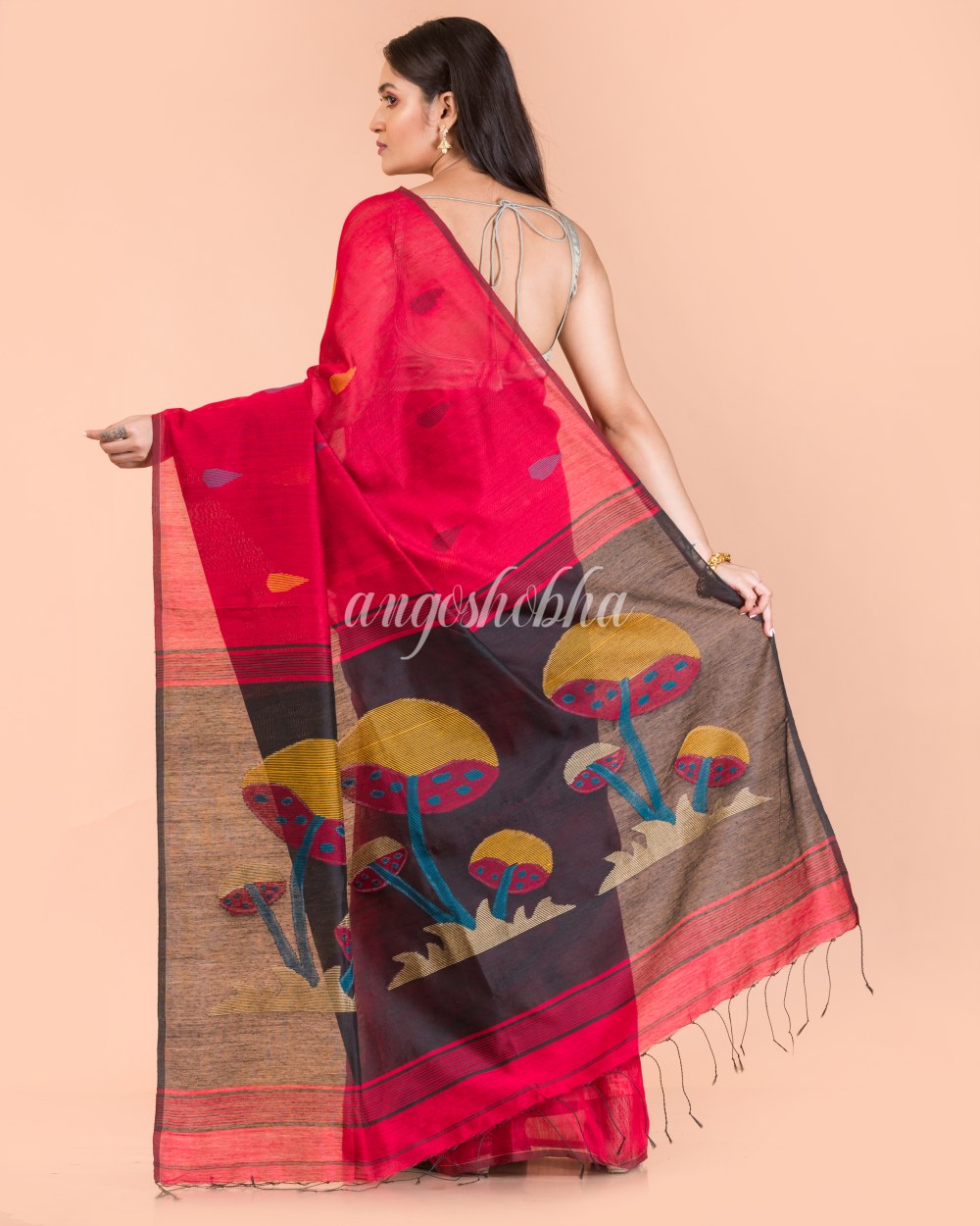 Red Handwoven Blended Cotton Saree angoshobha