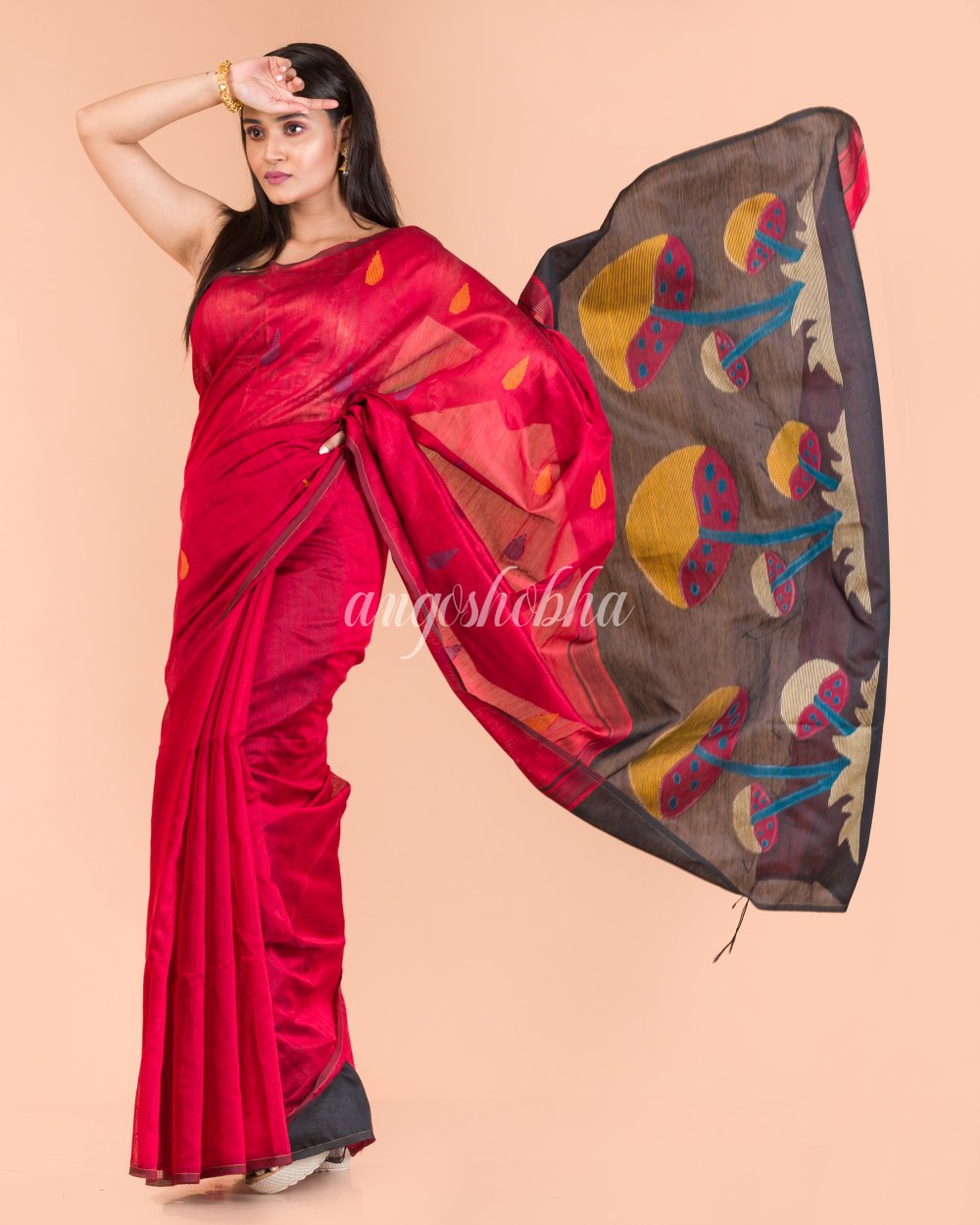 Red Handwoven Blended Cotton Saree angoshobha