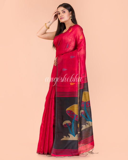 Red Handwoven Blended Cotton Saree angoshobha