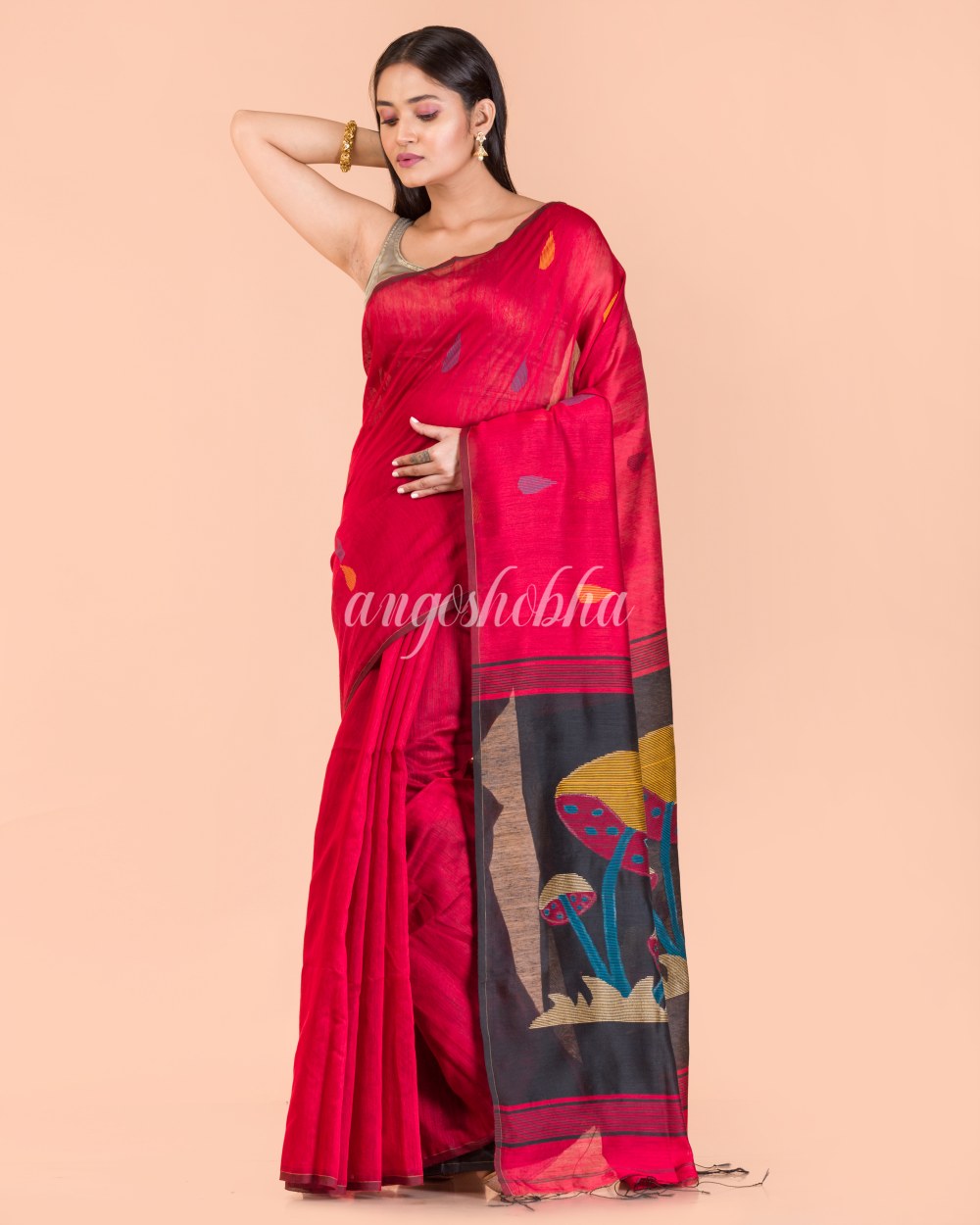 Red Handwoven Blended Cotton Saree angoshobha