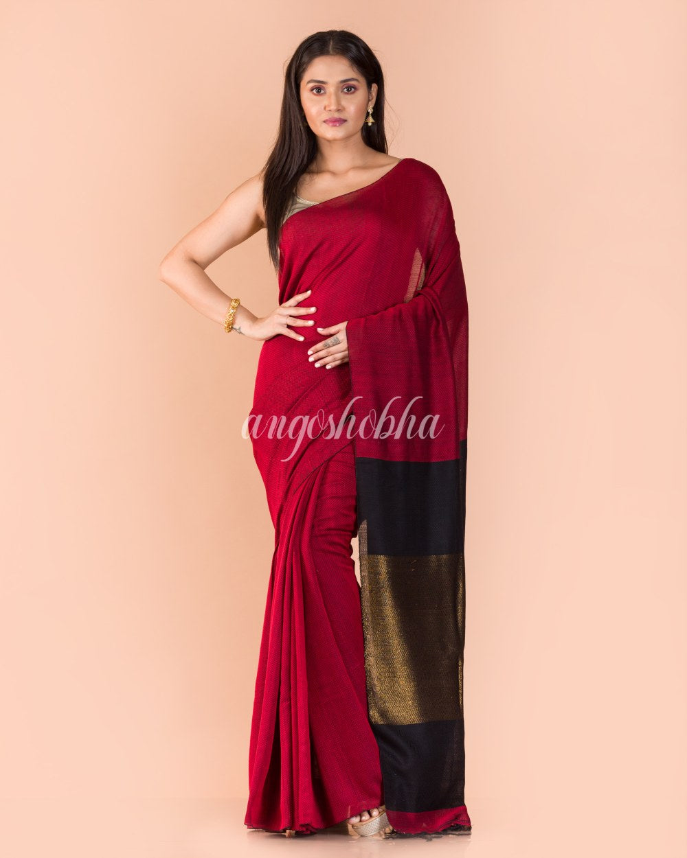 Red Handwoven Cotton Saree angoshobha