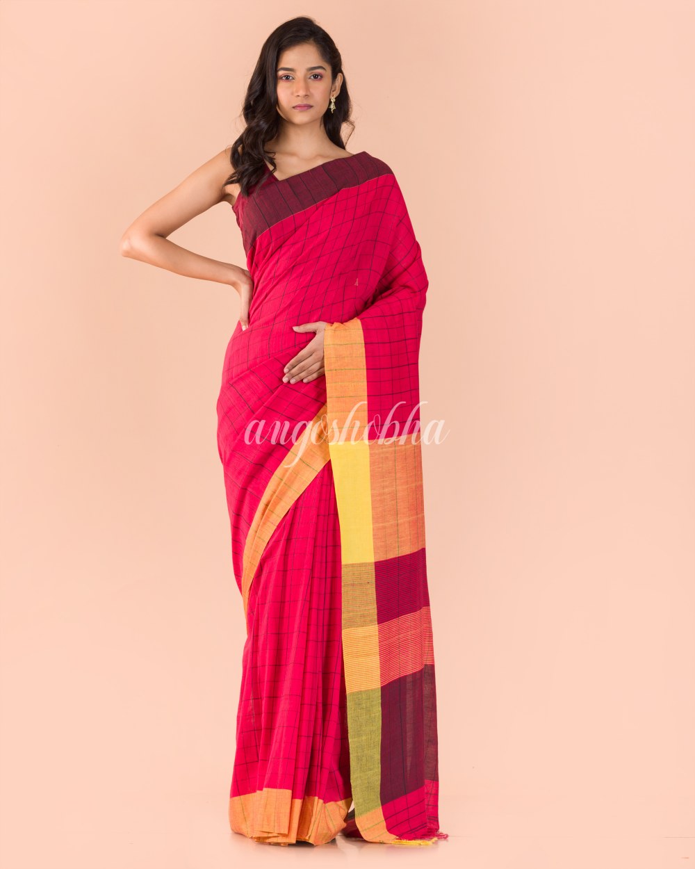 Red Handwoven Cotton Saree angoshobha