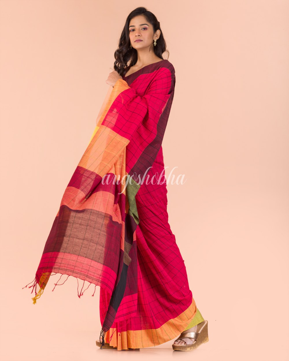 Red Handwoven Cotton Saree angoshobha