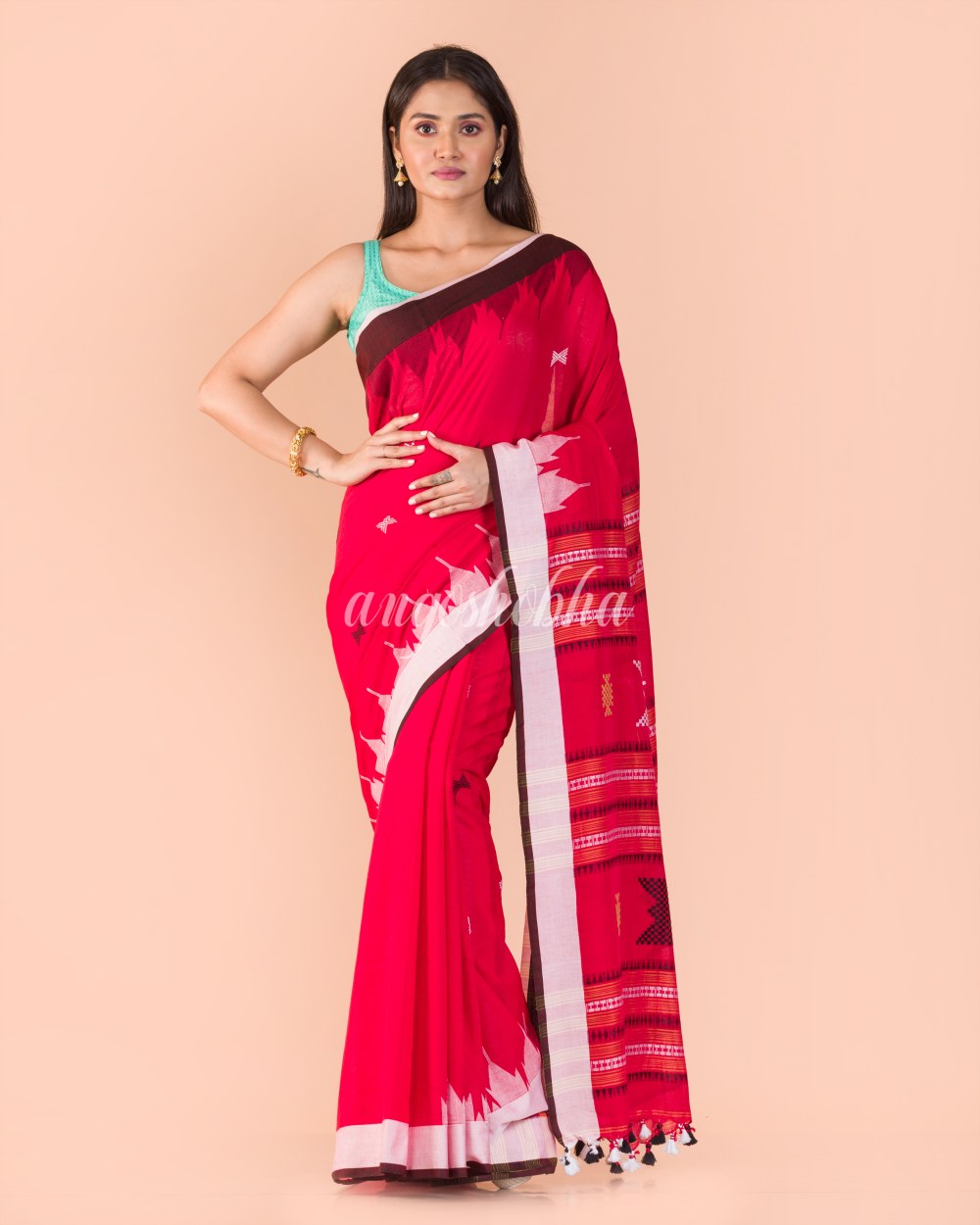 Red Handwoven Cotton Saree angoshobha