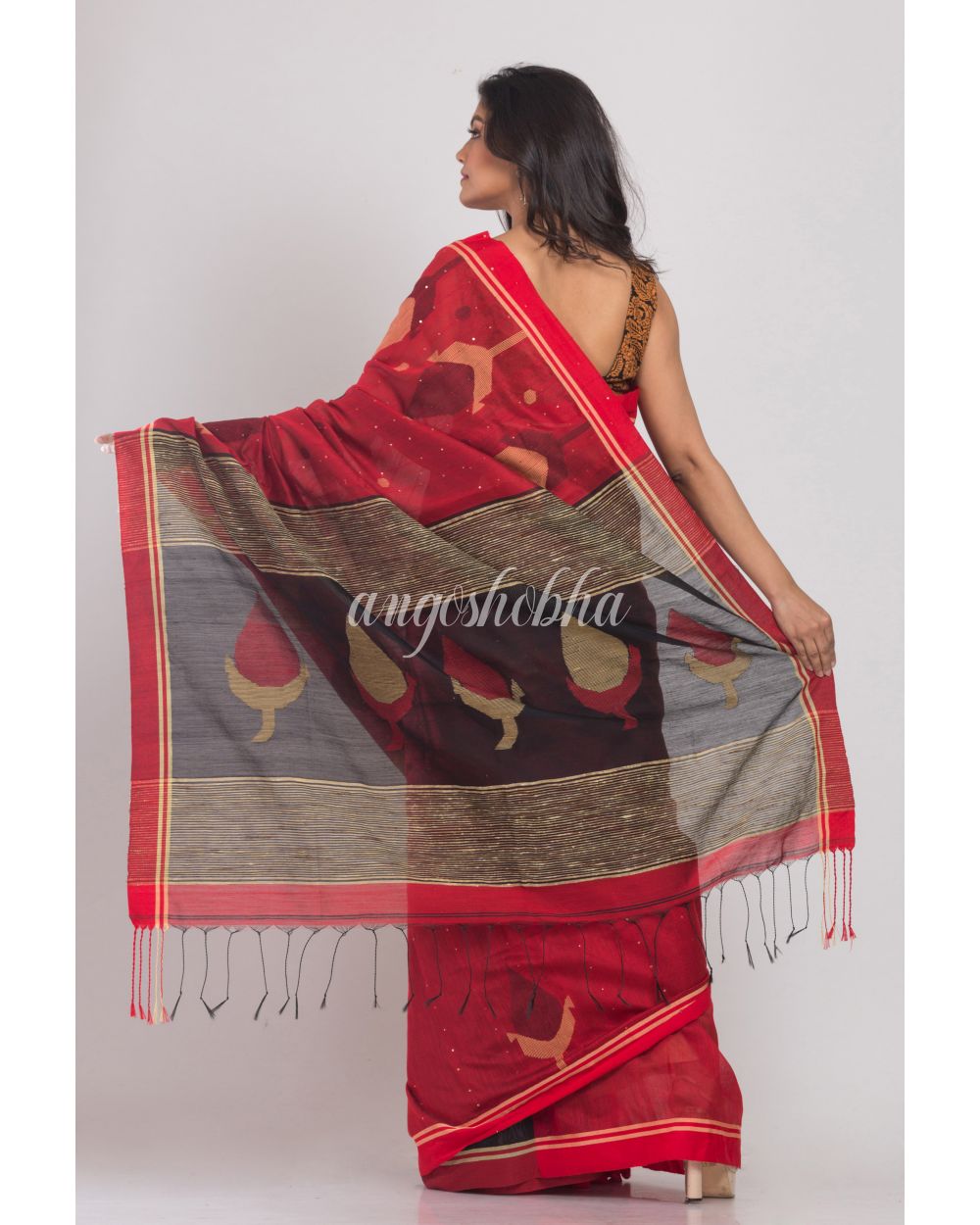 Red Handwoven Cotton Silk Jamdani Saree angoshobha