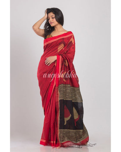 Red Handwoven Cotton Silk Jamdani Saree angoshobha