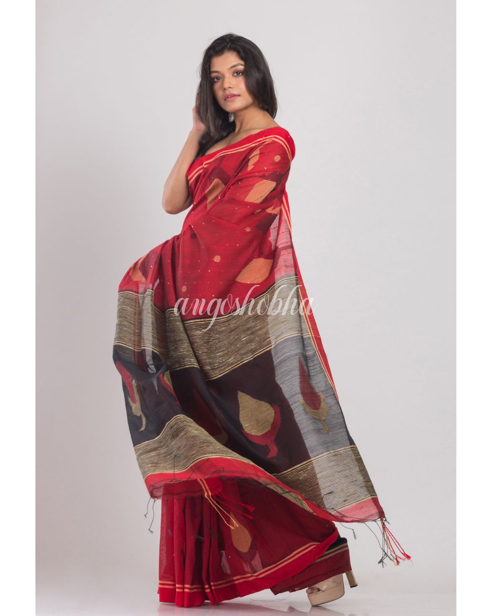 Red Handwoven Cotton Silk Jamdani Saree angoshobha