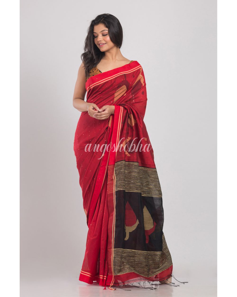 Red Handwoven Cotton Silk Jamdani Saree angoshobha